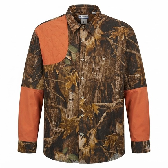 Columbia Other - Columbia Mens XL Timberwolf Camo Shooting Shirt Orange Patch Brown Cotton
